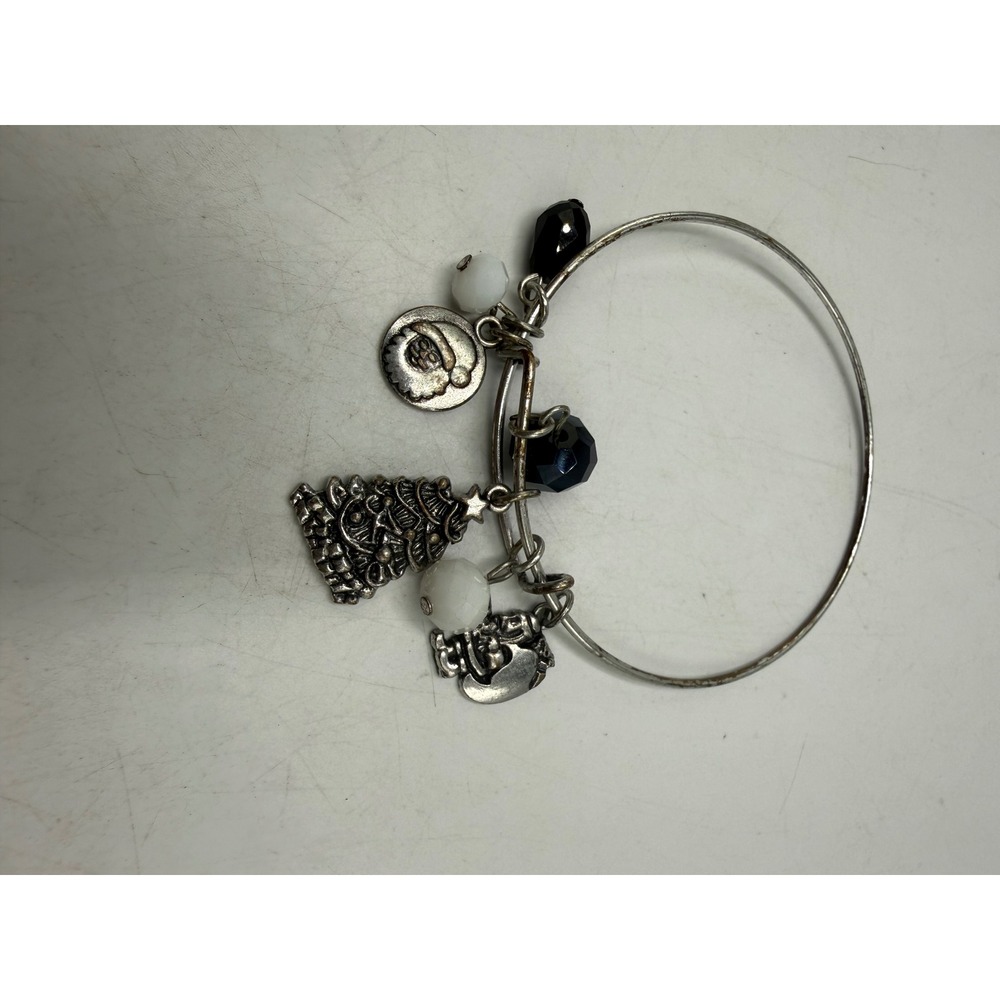 Silver Tone Christmas Charm Bangle Bracelet Santa Snowman Tree Beads Holiday